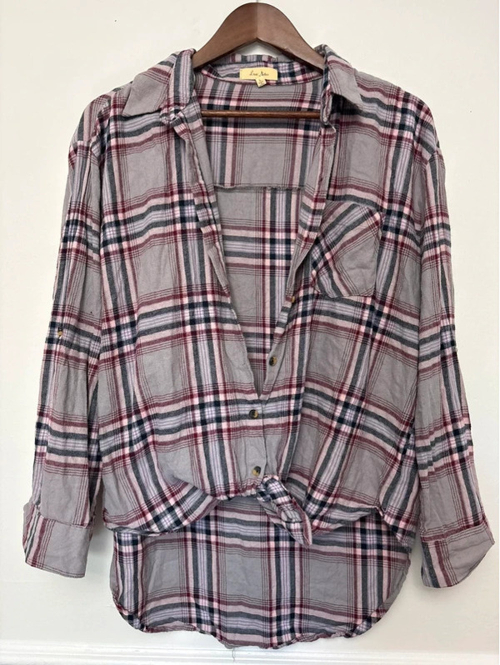 Love Notes Plaid Button Down Shirt Size Large Gray Pink Burgundy Flannel